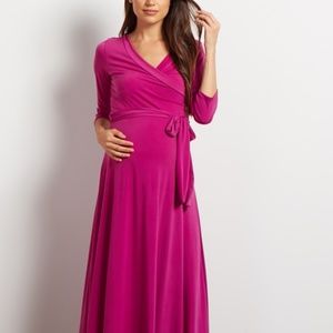 Magenta Draped 3/4 Sleeve Maternity Maxi Dress